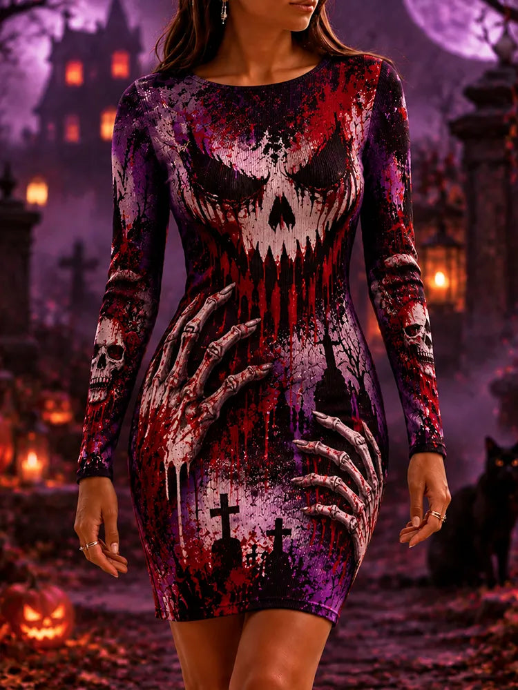 Women's Halloween Purple Skull & Skeleton Hands Bodycon Mini Dress