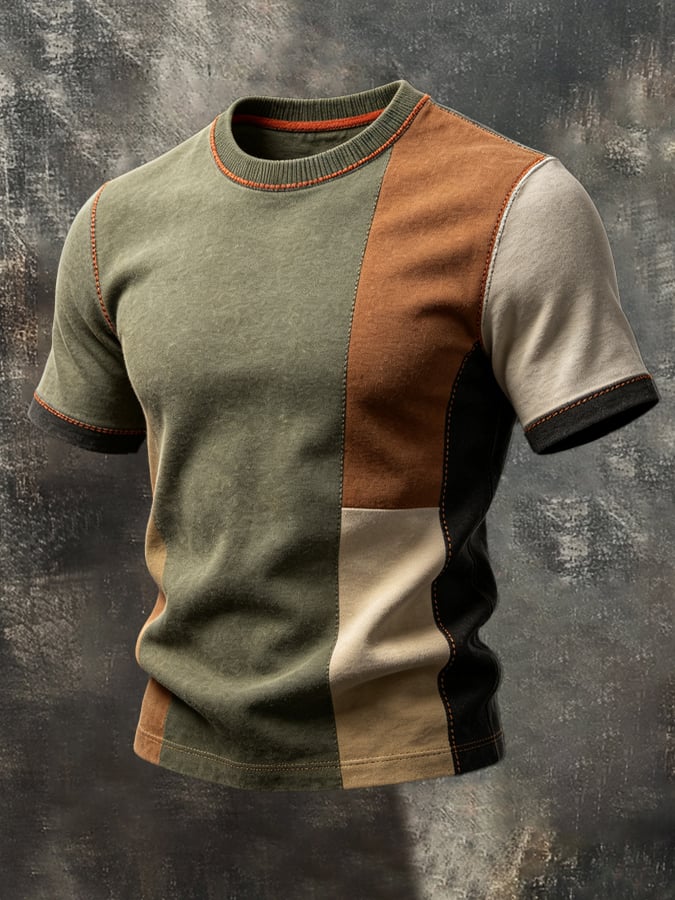 Men's Vintage-Style Distressed Color-Block T-Shirt