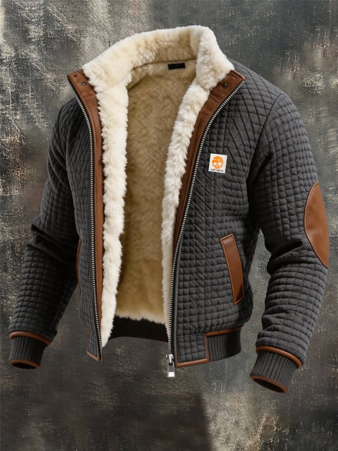 Men's Retro Textured Check-Panel Warm Multi-Pocket Jacket
