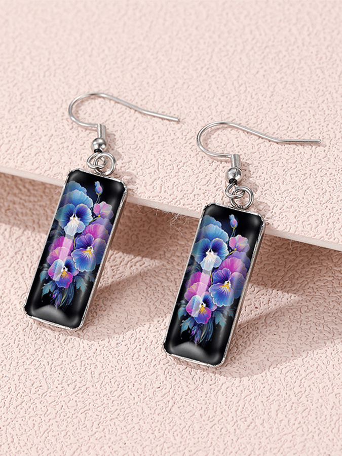 Purple Square Pansy Design Earrings