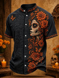 Men's Day Of The Dead Marigold Sugar Skull Print Stand Collar Short Sleeve Shirt