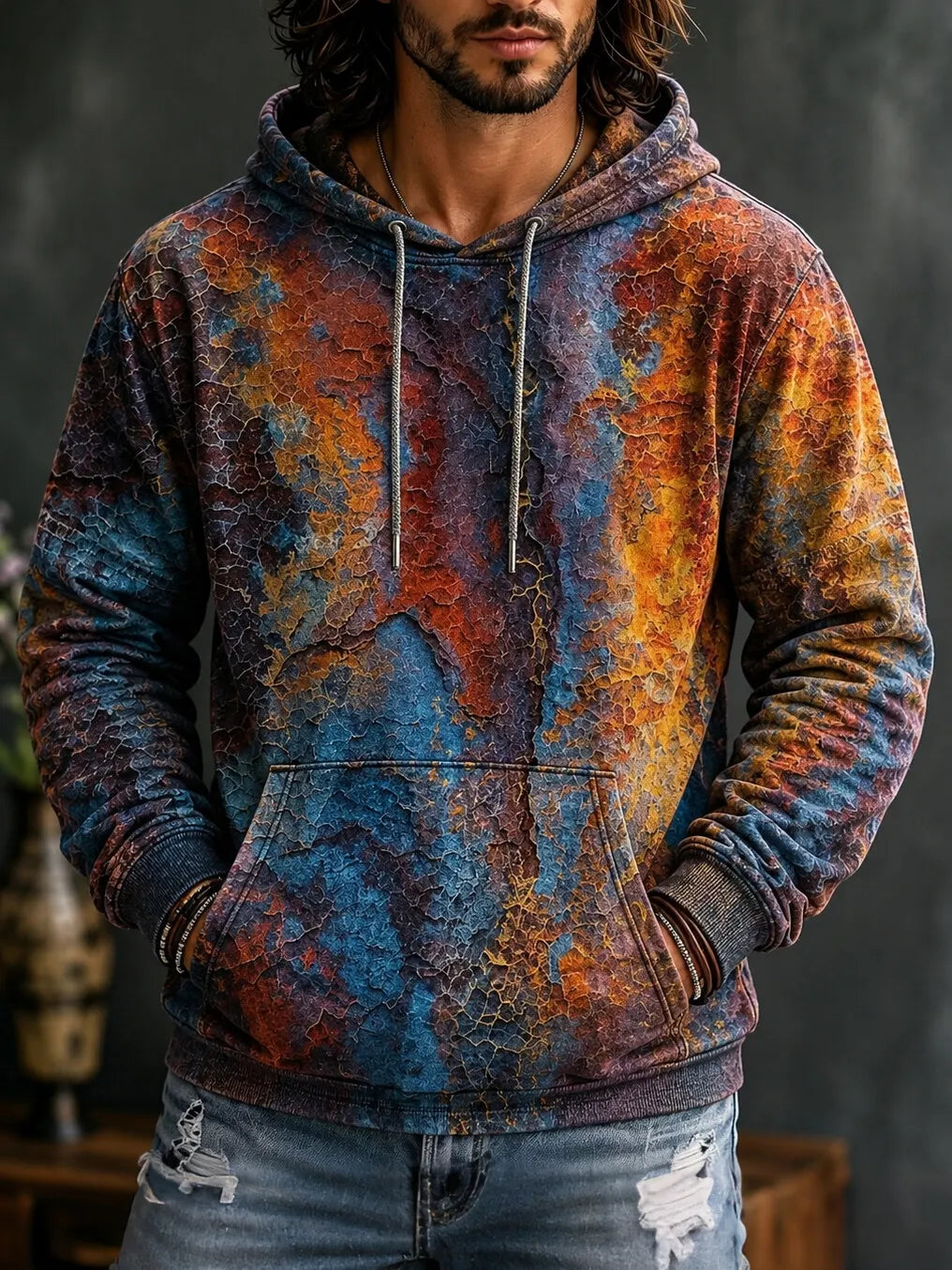 Men's Cracked Texture Abstract Multicolor Swirl Color Blends Print Hoodies