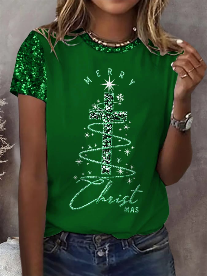 Women's Christmas Cross Print Round Neck T-Shirt