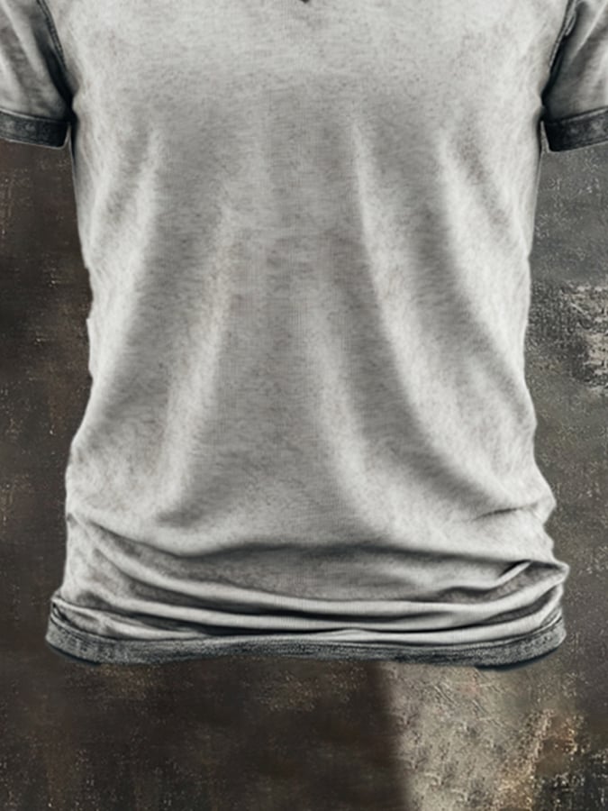 Men's retro-style washed V-neck short-sleeved T-shirt in contrasting color