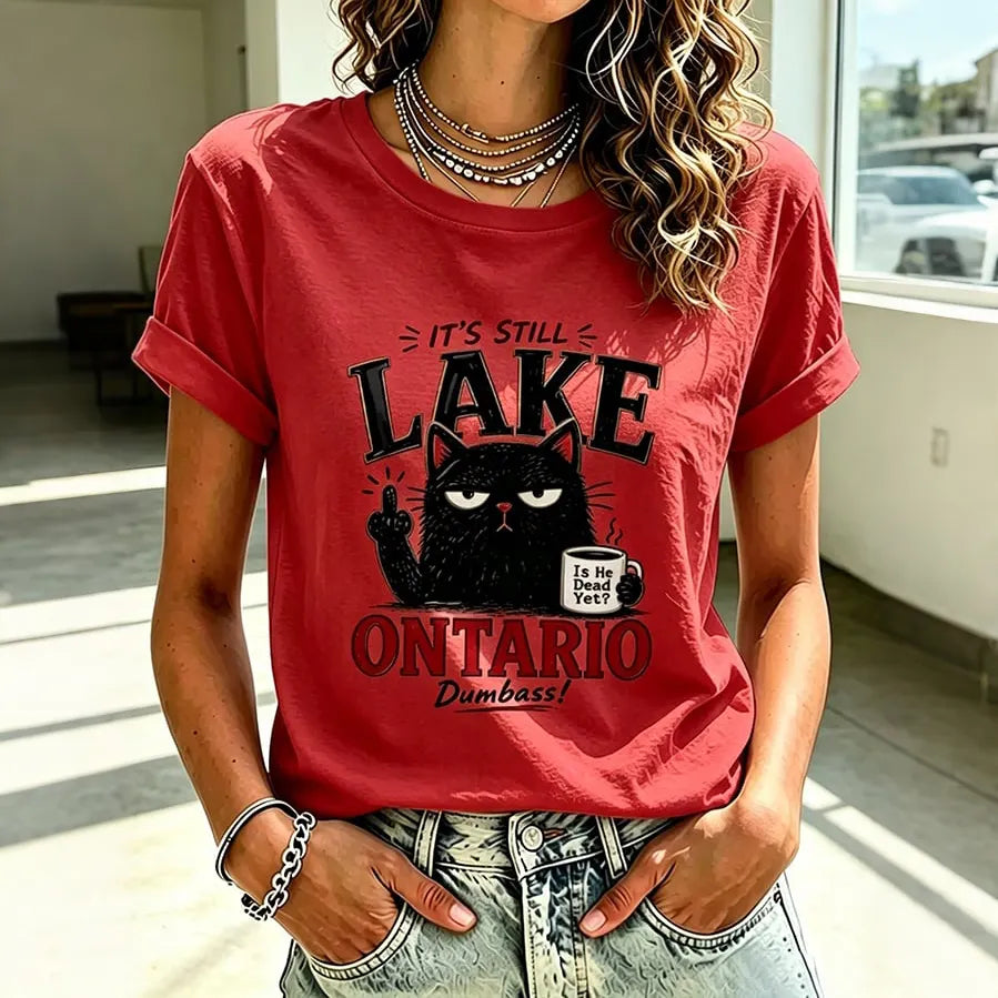 Women's Retro Lake Ontario Cat Art Print Crew Neck Short Sleeve T-shirt