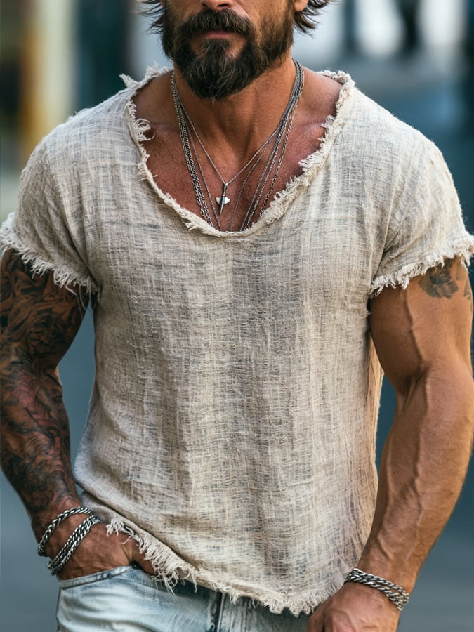 Men'S Vintage Lightweight Cotton-Linen Blend Short-Sleeve T-Shirt With Raw-Edge Crew Neck