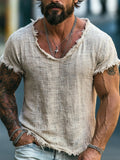 Men'S Vintage Lightweight Cotton-Linen Blend Short-Sleeve T-Shirt With Raw-Edge Crew Neck