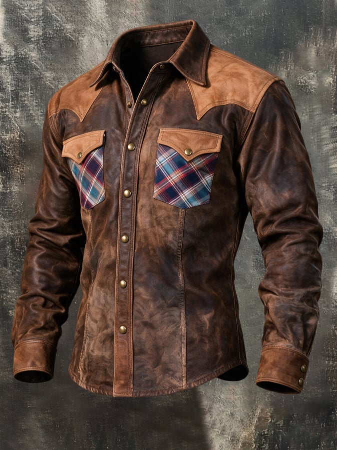Men'S Retro Western-Style Long-Sleeve Shirt With Leather Paneling, Plaid Pattern, And Color-Blocking