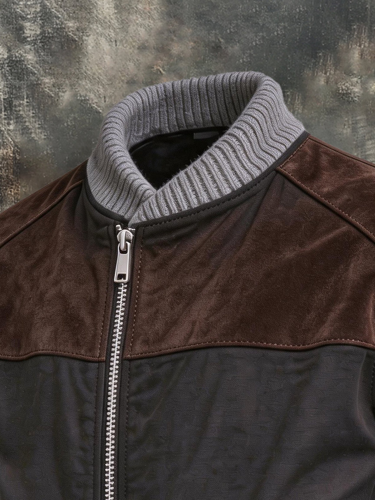 Men's Retro Faux Suede Panel Jacket with Ribbed Stand Collar