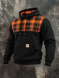 Men's Retro Plaid-Panelled Textured Grid-Pattern Hoodie