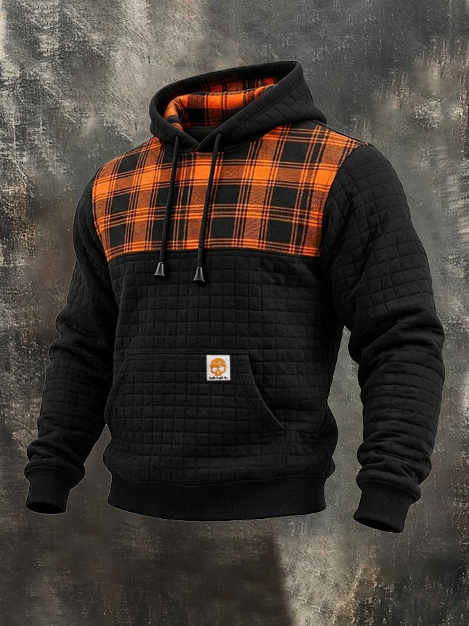 Men's Retro Plaid-Panelled Textured Grid-Pattern Hoodie