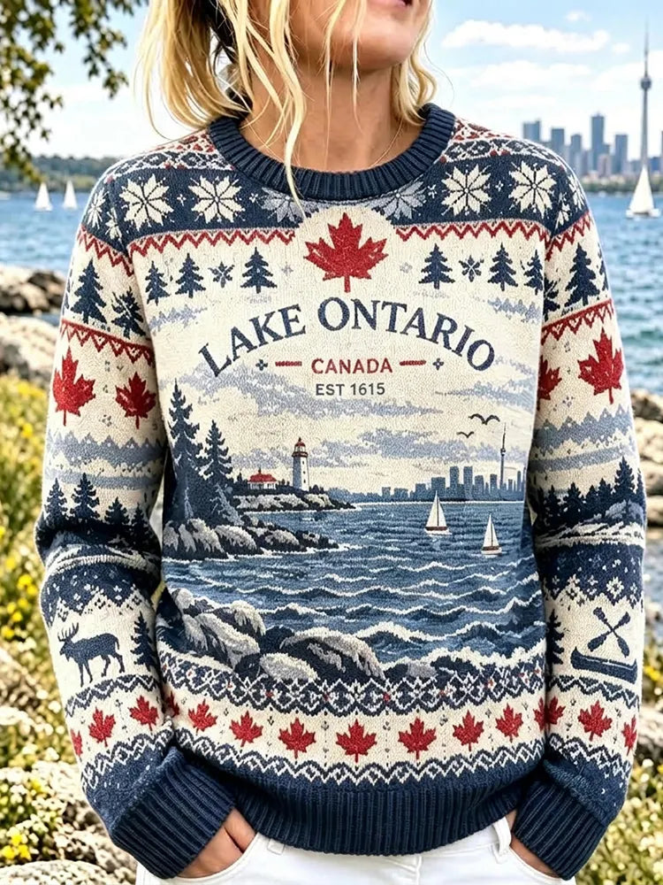 Women's Vintage "1615 Lake Ontario, Canada" Icelandic-style Knit Sweater