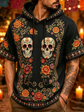 Men's Day Of The Dead Twin Calavera Swirl Bloom Print Hooded T-Shirt