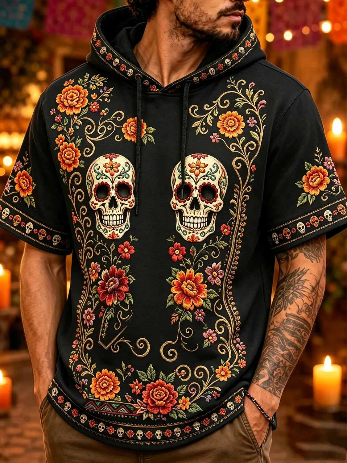 Men's Day Of The Dead Twin Calavera Swirl Bloom Print Hooded T-Shirt