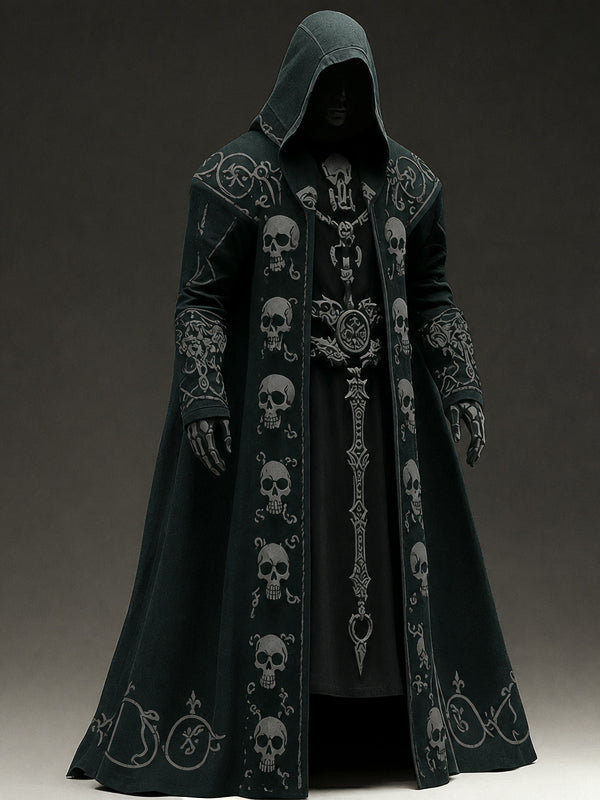 Men's Contrast-color Skull Studded Embroidered Hooded Cape
