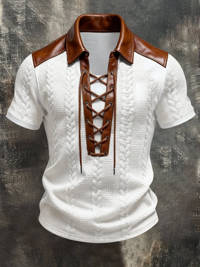 Men'S Short-Sleeve Polo-Collar Top With Retro Leather Paneling And Color-Block Design
