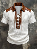Men'S Short-Sleeve Polo-Collar Top With Retro Leather Paneling And Color-Block Design