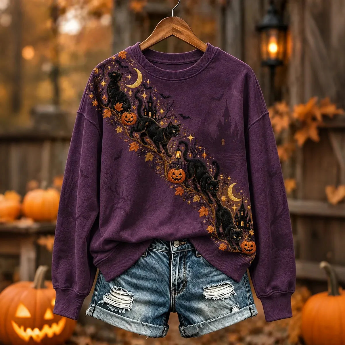 Women's Halloween Fun Cat-print Crewneck Sweatshirt