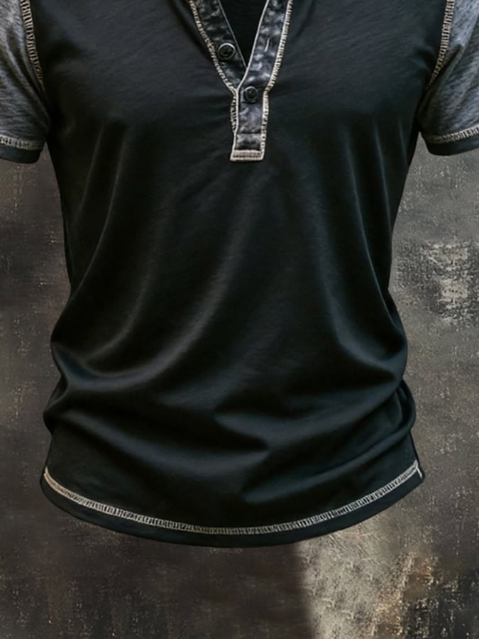 Men's Retro Color-Block Short-Sleeve Henley T-Shirt