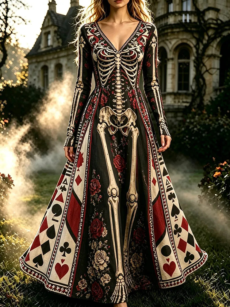 Women's Retro Halloween Gothic Skeleton Floral Poker Pattern Print V-neck Maxi Dress