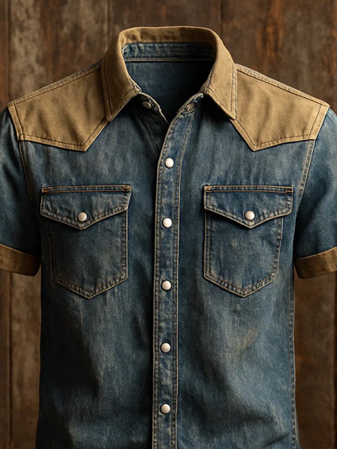 Men's vintage twill shirt with two pockets and short sleeves in a used look