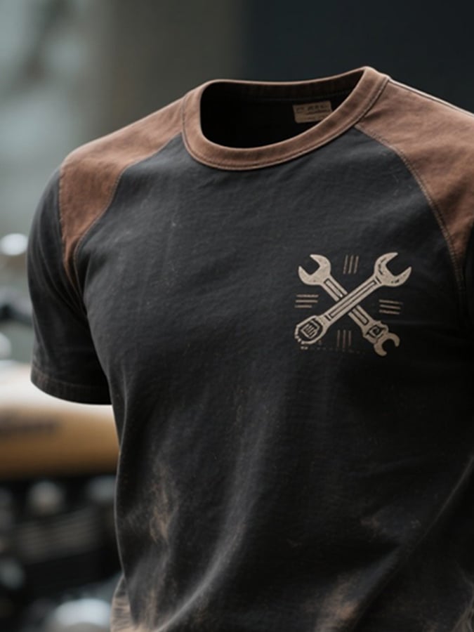 Men's retro color block motorcycle screw round neck short sleeve t-shirt