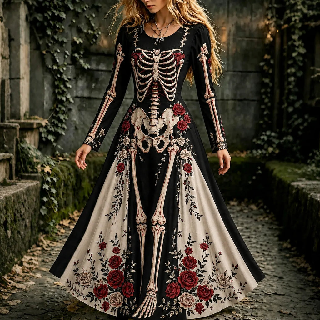 Women's Halloween Gothic Skeleton & Floral Long-sleeve Maxi Dress