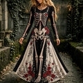 Women's Halloween Gothic Skeleton & Floral Long-sleeve Maxi Dress