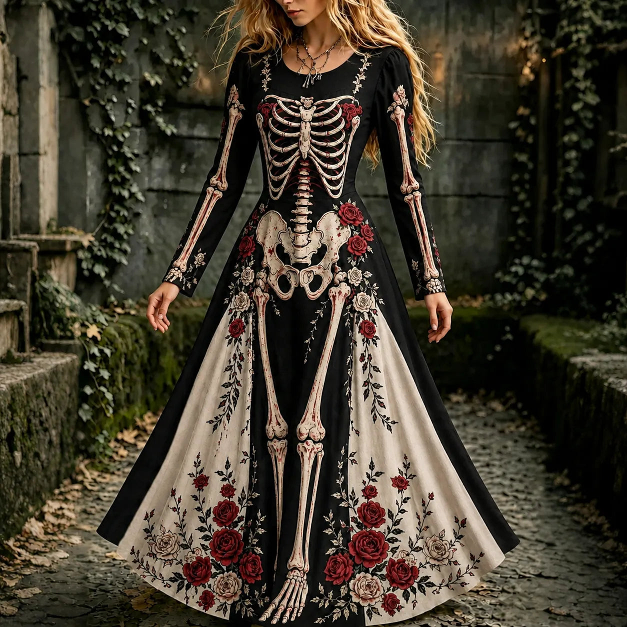 Women's Halloween Gothic Skeleton & Floral Long-sleeve Maxi Dress