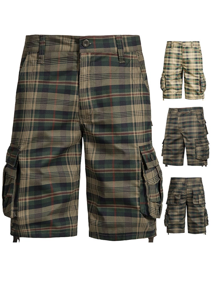 Men's Vintage Outdoor Cotton Plaid Woven Functional Work Shorts