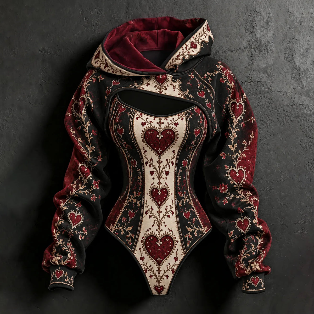 Women's Halloween Queen Of Heart Cosplay Pattern Print Hoodie Two Piece Set