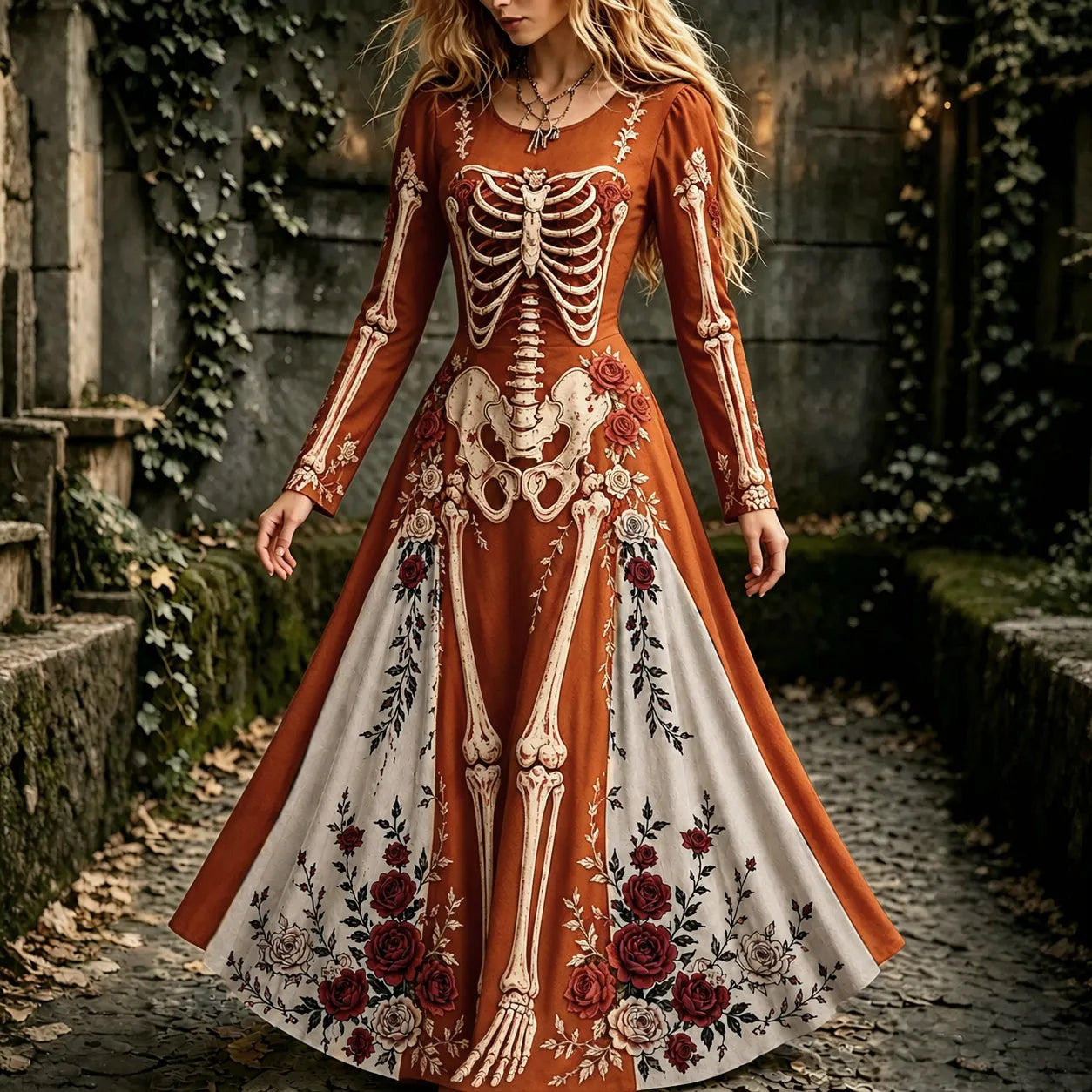 Women's Halloween Gothic Skeleton & Floral Long-sleeve Maxi Dress
