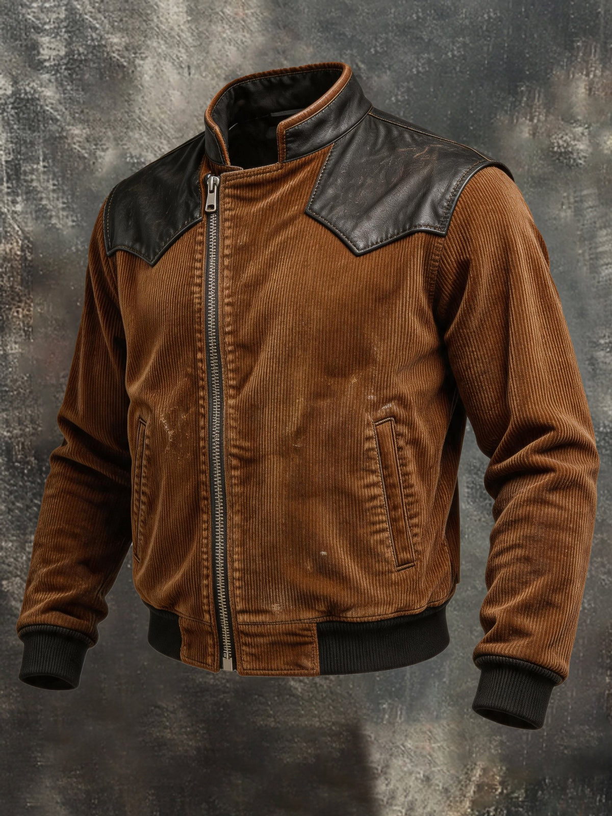 Men's Vintage Corduroy and Leather Panel Jacket with Diagonal Zipper