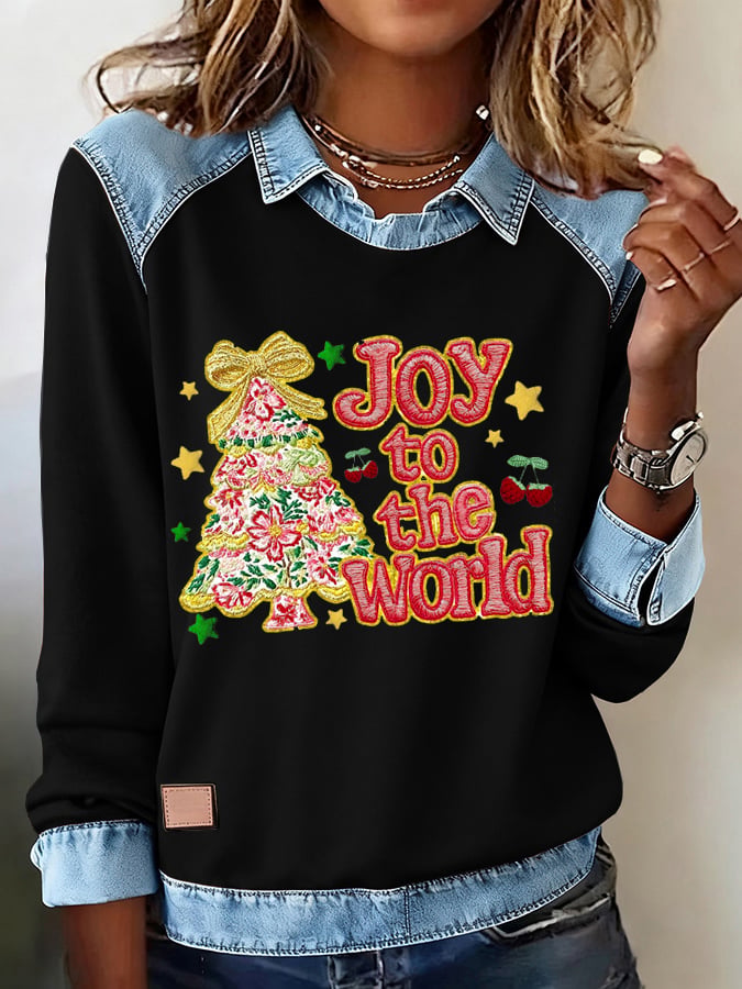 Women's Christmas Faith Print Casual Denim Top