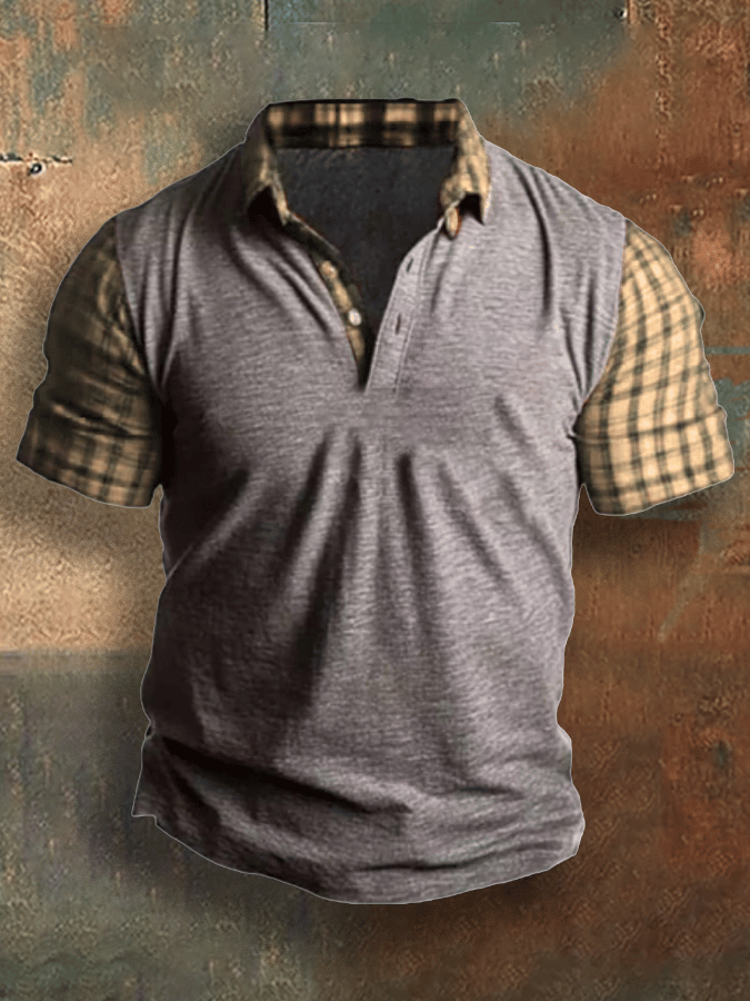 Men's Basic Everyday Casual Retro Plaid Stitching Short Sleeve Loose and Comfortable Top POLO Shirt