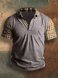 Men's Basic Everyday Casual Retro Plaid Stitching Short Sleeve Loose and Comfortable Top POLO Shirt