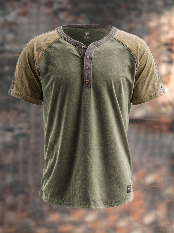 Men's retro colorblock Henley T-shirt with slim fit and short sleeves
