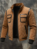 Men’s Vintage Quilted Diamond-Pattern Jacket with Leather Trim and Stand-Up Collar