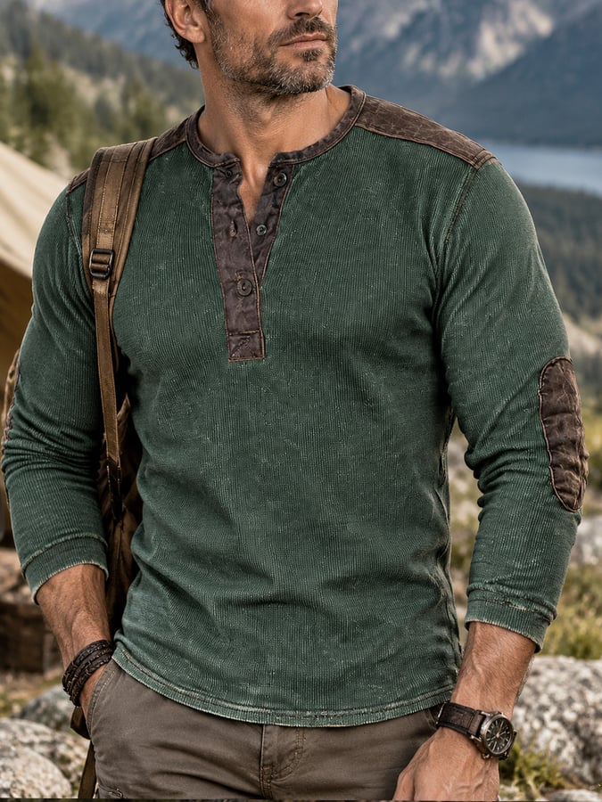 Men's Vintage Comfortable Pure Cotton Color-Block Henley T-Shirt