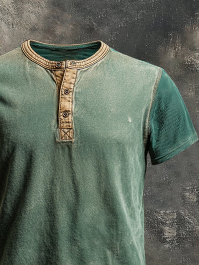Men's casual retro washed cotton colorblock Henley t-shirt