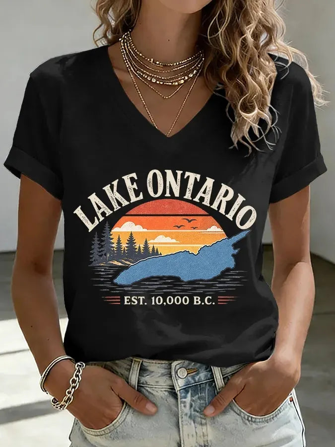 Women's V-neck Retro Lake Ontario Est. 10,000 B.c. Print T-shirt