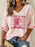 Women's commemorative pattern Waffle V-neck top