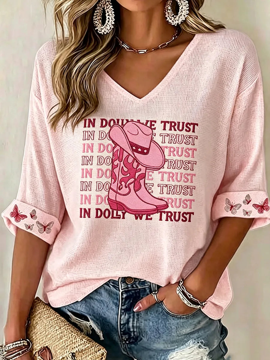 Women's commemorative pattern Waffle V-neck top