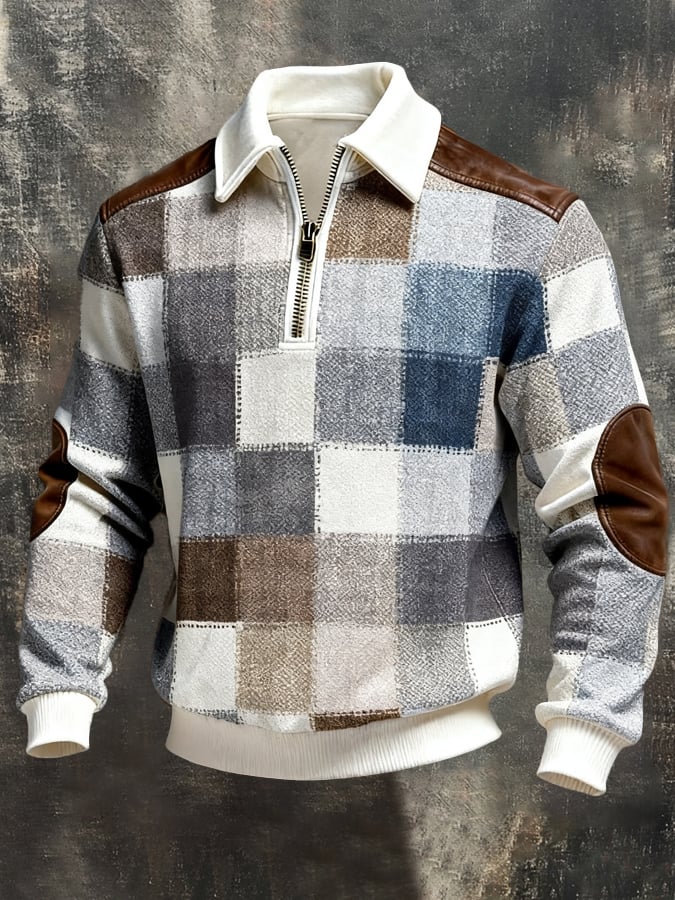 Men's Retro Color Block Print Color-Blocked Zip-Up Sweatshirt