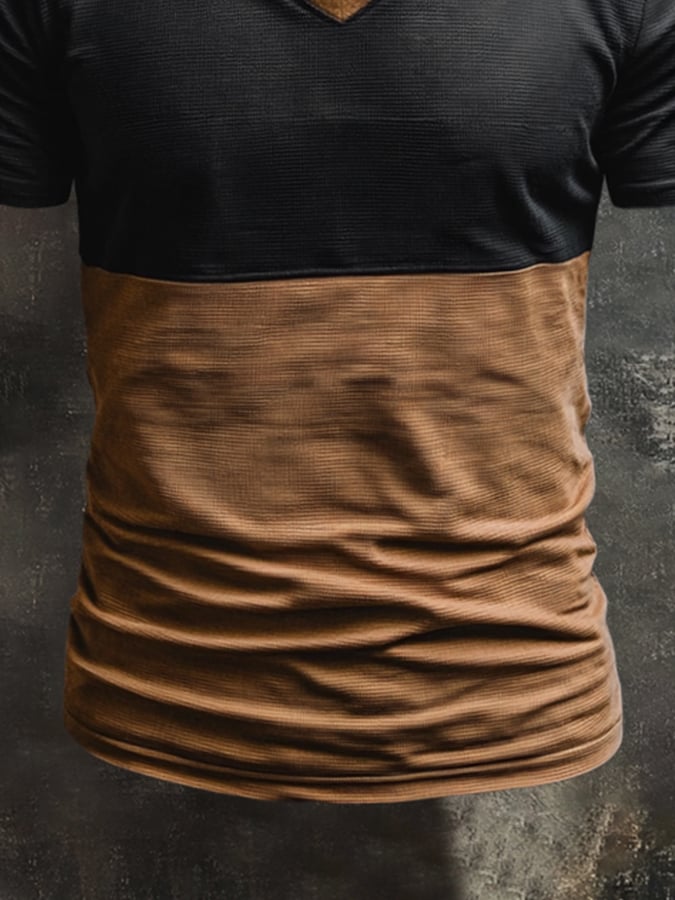 Men's retro-style washed V-neck short-sleeved T-shirt in contrasting color
