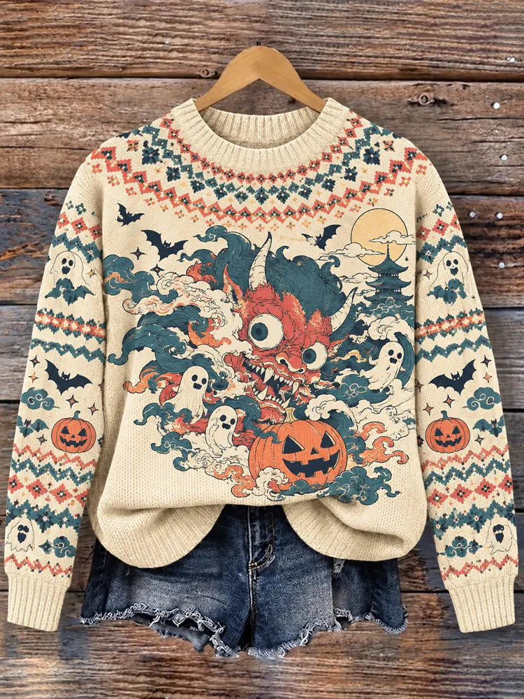 Women's Japanese Ukiyo-e Oni Demon Pumpkin Ghost Knitted Sweater