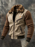 Men’S Vintage-Style Suede-Paneled Jacket With Textured Diamond-Pattern Detailing And A Fur-Style Collar