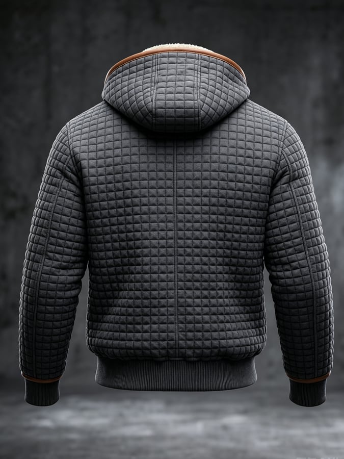 Men's Retro Textured Square Check Double Collar Warm Multi-pocket Outdoor Jacket