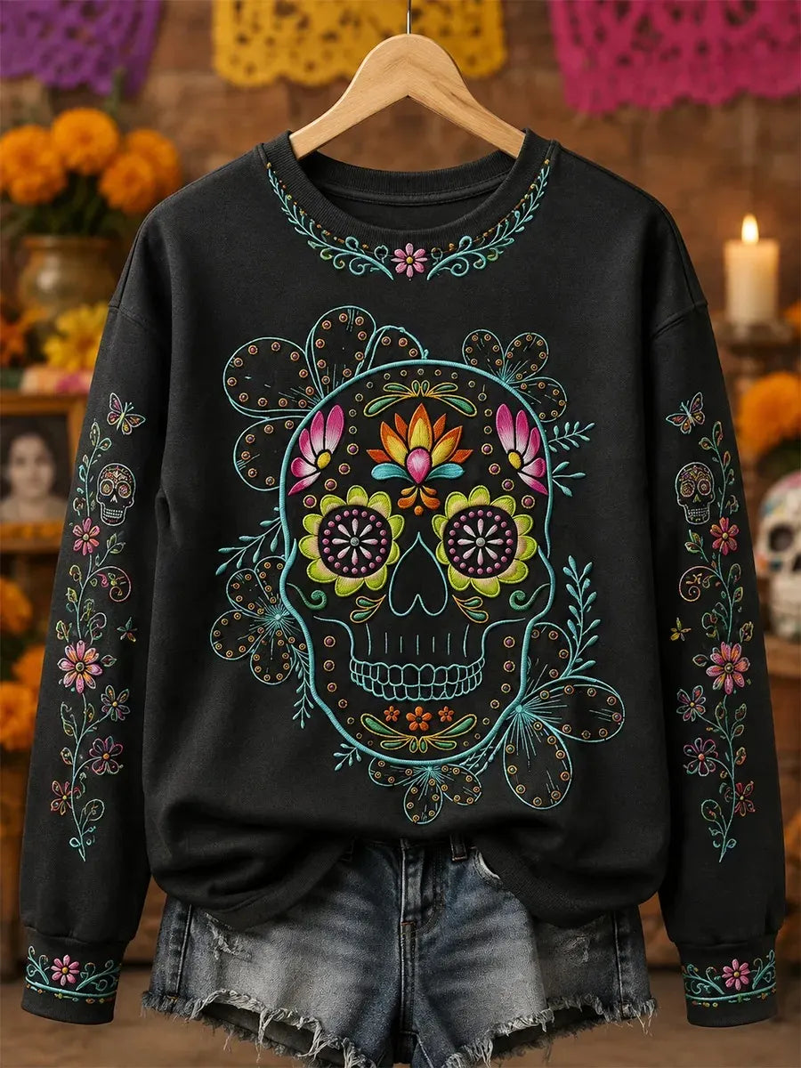 Women's Day Of The Dead Floral Sugar Skull Print Sweatshirt