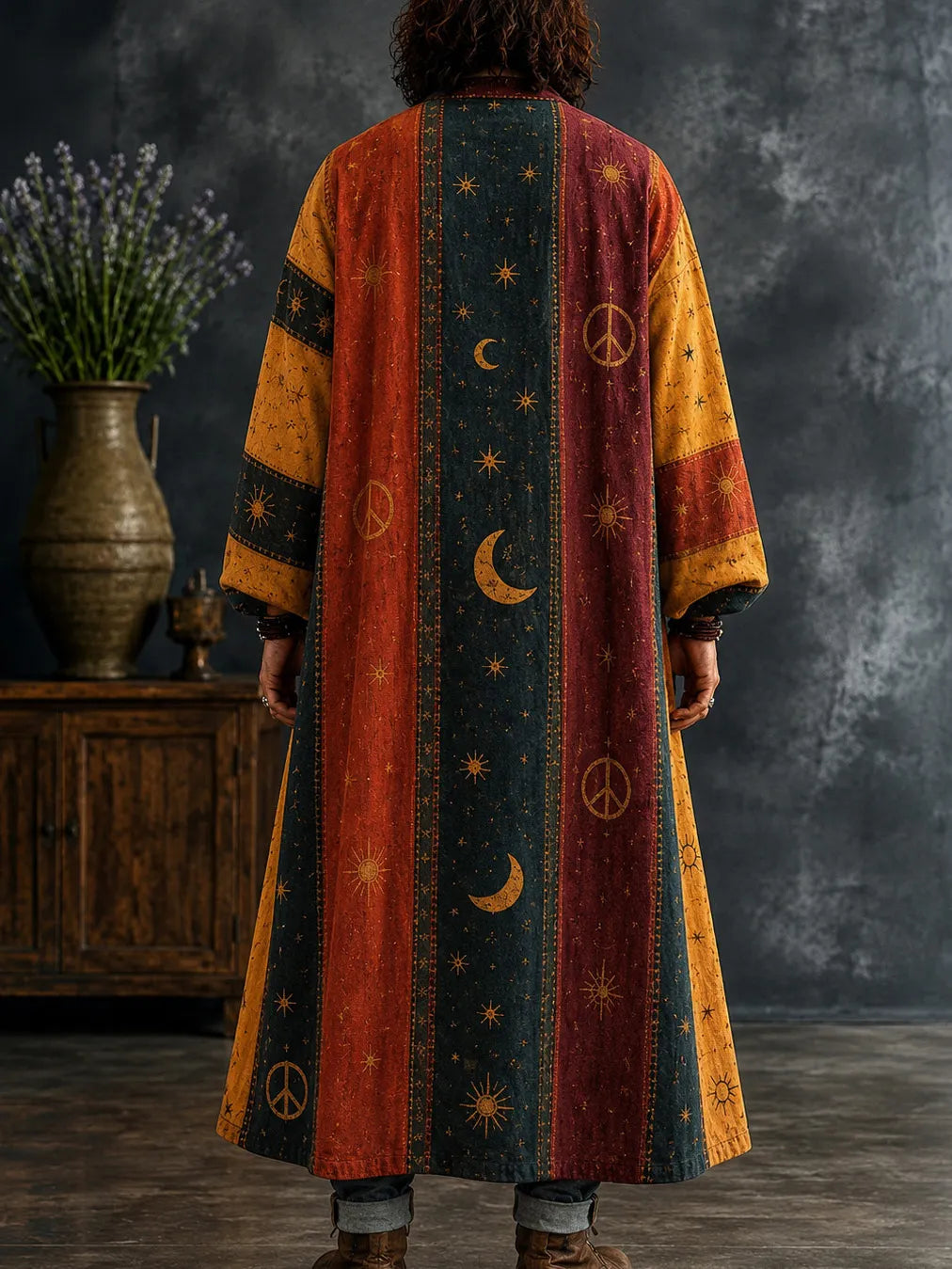 Men's Vibrant Boho Star Celestial Peace Blocks Print Kimono Cardigan